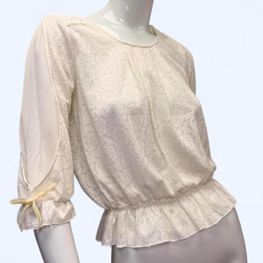 Axes Femme Jacquard Blouse Ivory Puff Sleeve Ruffle Hem Coquette Womens S